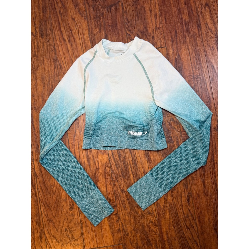 Gymshark Adapt Ombre Seamless Long Sleeve Crop Top Teal White Small Work out